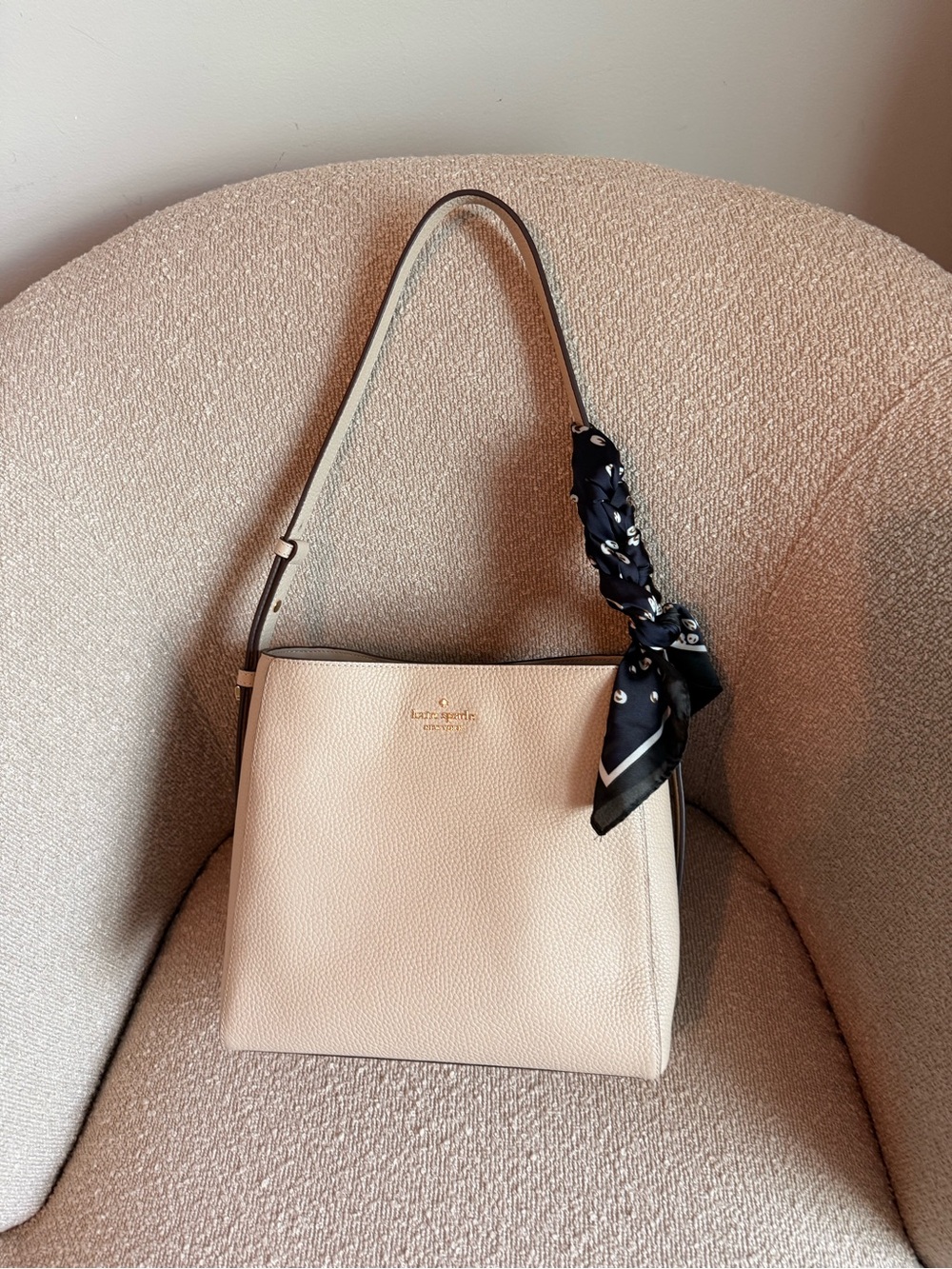 kate spade Cream Pebbled Leather Shoulder Bag with Black Scarf Accent